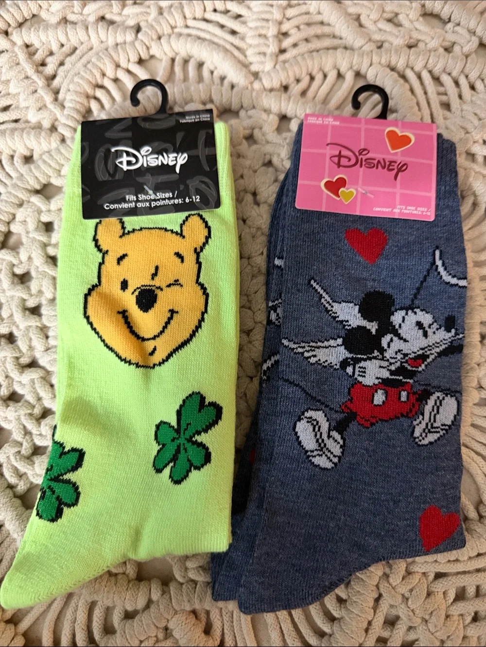 Disney Lime Green Winnie the Pooh & Heather Navy Mickey Mouse Crew Socks